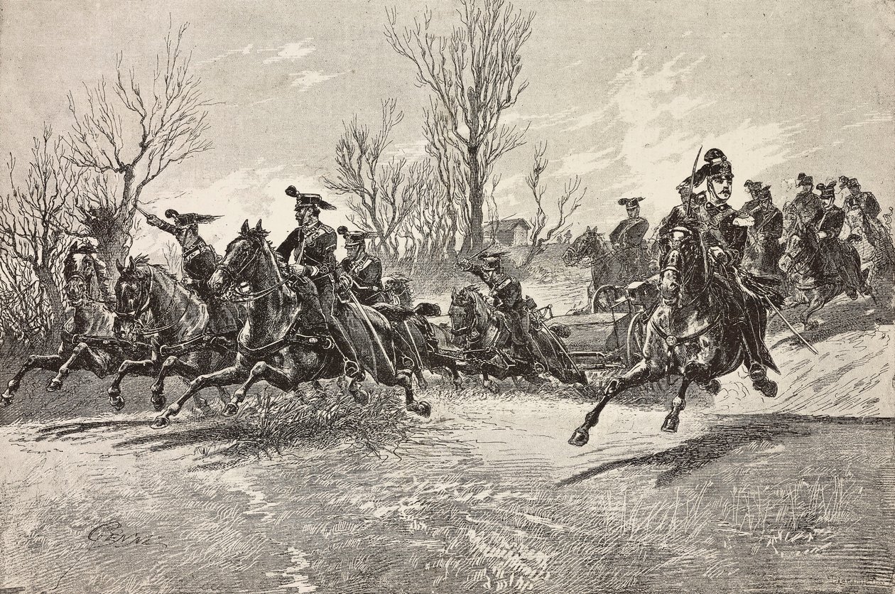 Artillerie te paard, Italiaans leger, gravure naar tekening van Quinto Cenni, uit L