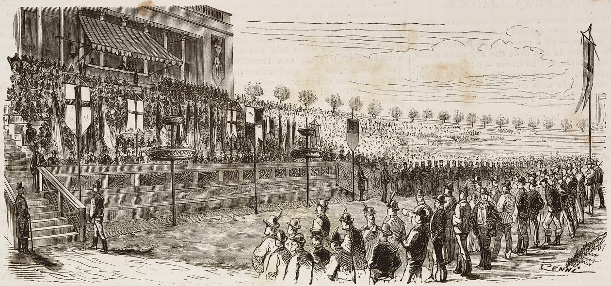 Prijsuitreiking aan winnaars van nationale schietwedstrijd in Milaan, Italië, gravure door Quinto Cenni uit L