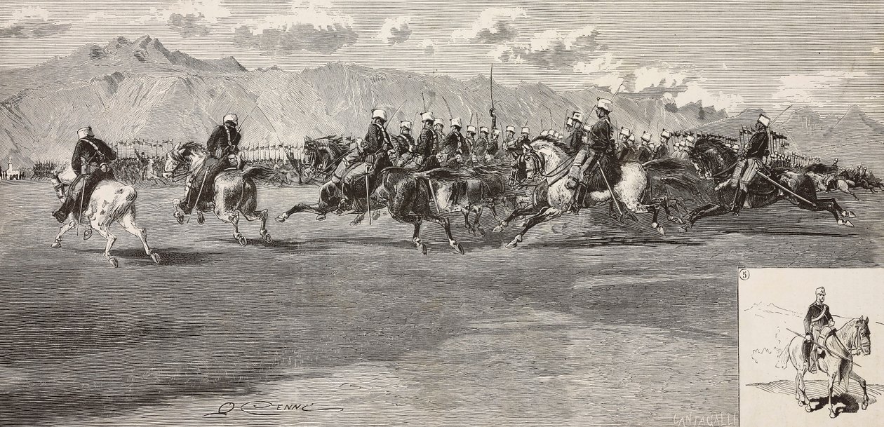 Cavalerie-oefeningen op 17 september, met lansier rechts, Pordenone door Quinto Cenni