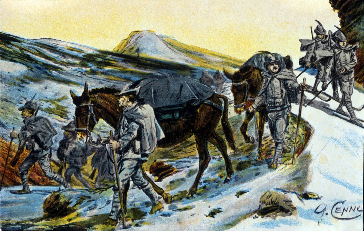 Eerste Wereldoorlog: groep Italiaanse Alpenjagers met hun muilezels in 1915 (illustratie door Quinto Cenni) door Quinto Cenni