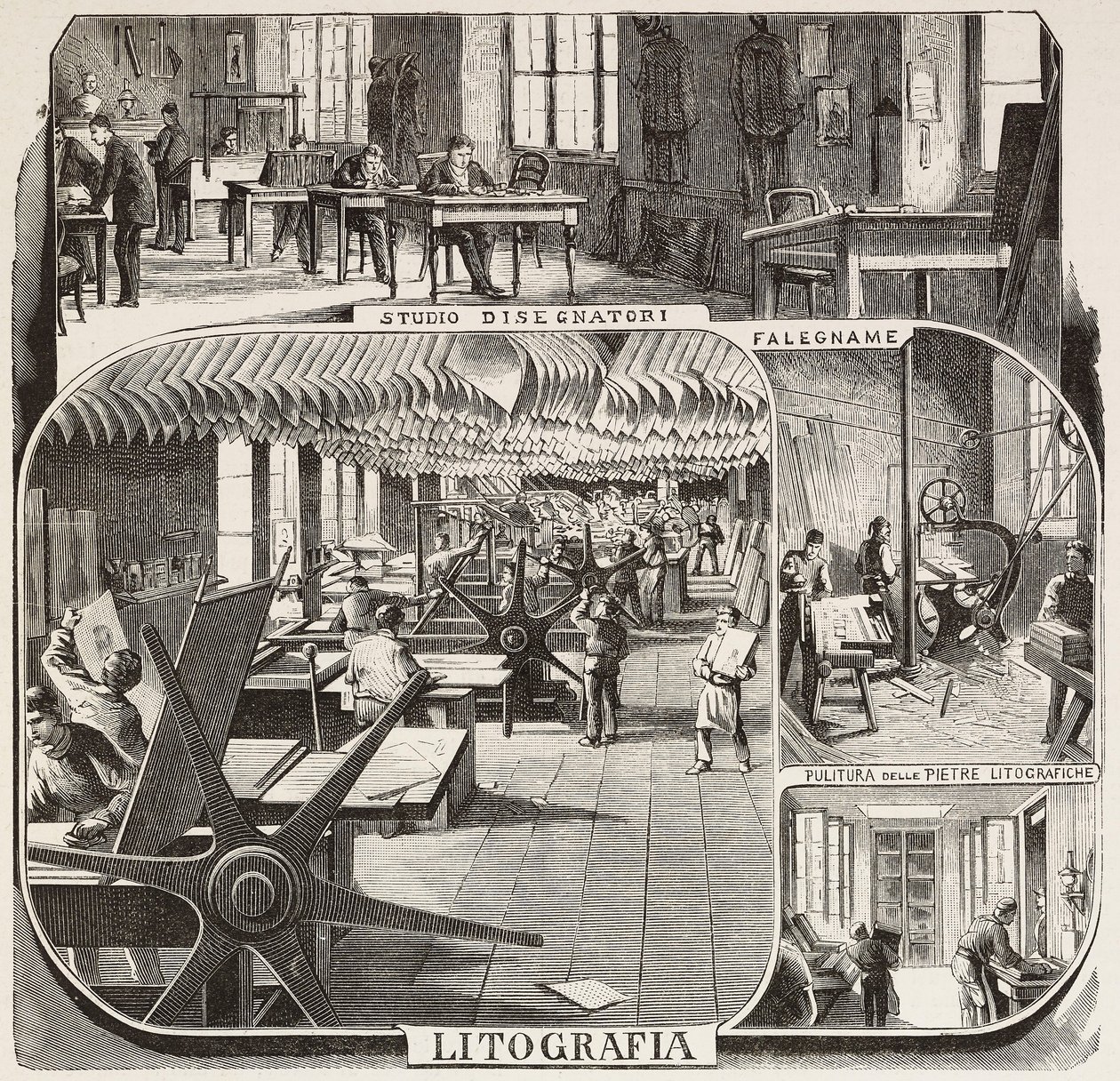 Fratelli Treves uitgeverij: tekenaarsstudie, timmerwerk, schoonmaken van lithografische stenen, lithografie, Milaan, Italië, gravure naar tekening van Quinto Cenni, uit L