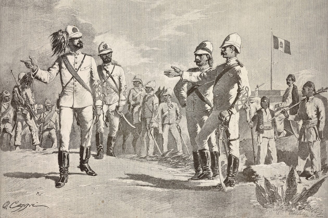 Italiaanse en lokale soldaten, in uniformen van het Italiaanse leger in Afrika, Massawa, Eritrea, gravure naar een tekening van Quinto Cenni, uit L