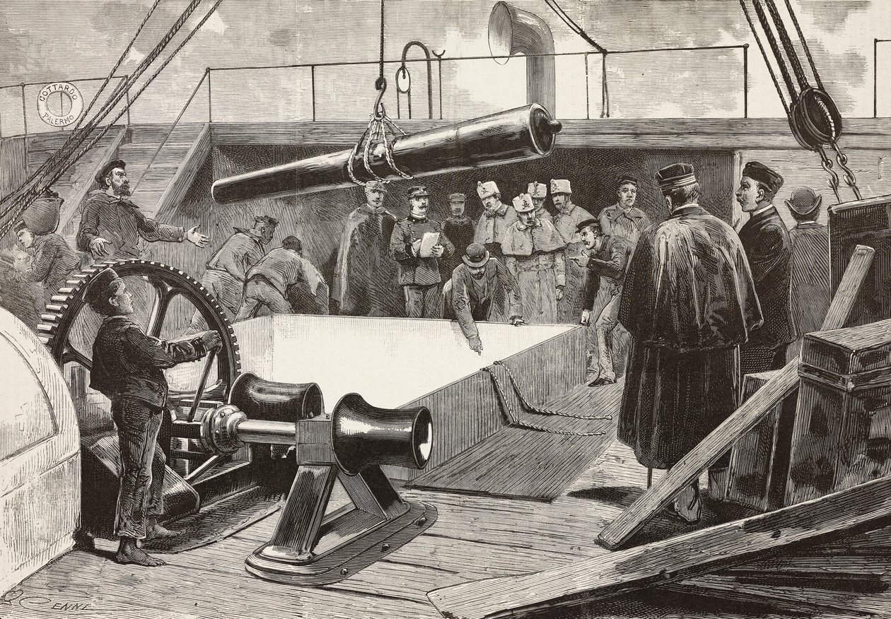 Italiaanse matrozen en officieren die het schip Gottardo opzetten, Italiaanse expeditie in de Rode Zee, Palermo, Italië, gravure naar tekening door Quinto Cenni en schets door Dante Paolocci, uit L