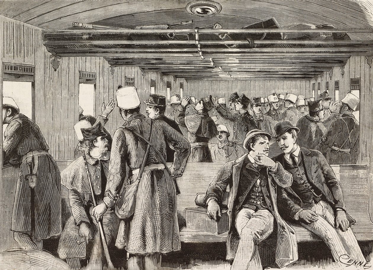 Italiaanse soldaten in trein op weg naar Napels, Italië, tweede Italiaanse expeditie in de Rode Zee, gravure naar tekening van Quinto Cenni en schets van M Dal Don, uit L