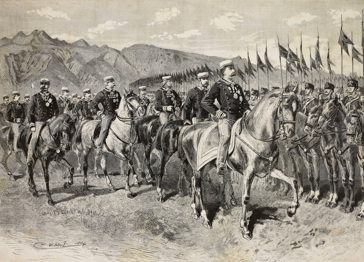 Koning Umberto I inspecteert Florence lansiers, met generaal Martin di Montu achter hem, 28 september, cavalerie-oefeningen in Pordenone, Italië, gravure naar tekening van Quinto Cenni, uit L