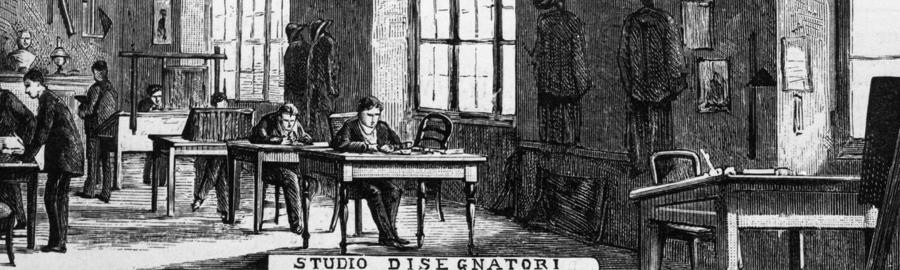 Kantoren van de gebroeders Treves, ontwerpafdeling, Milaan, Italië, illustratie door Quinto Cenni (1845-1917) uit L
