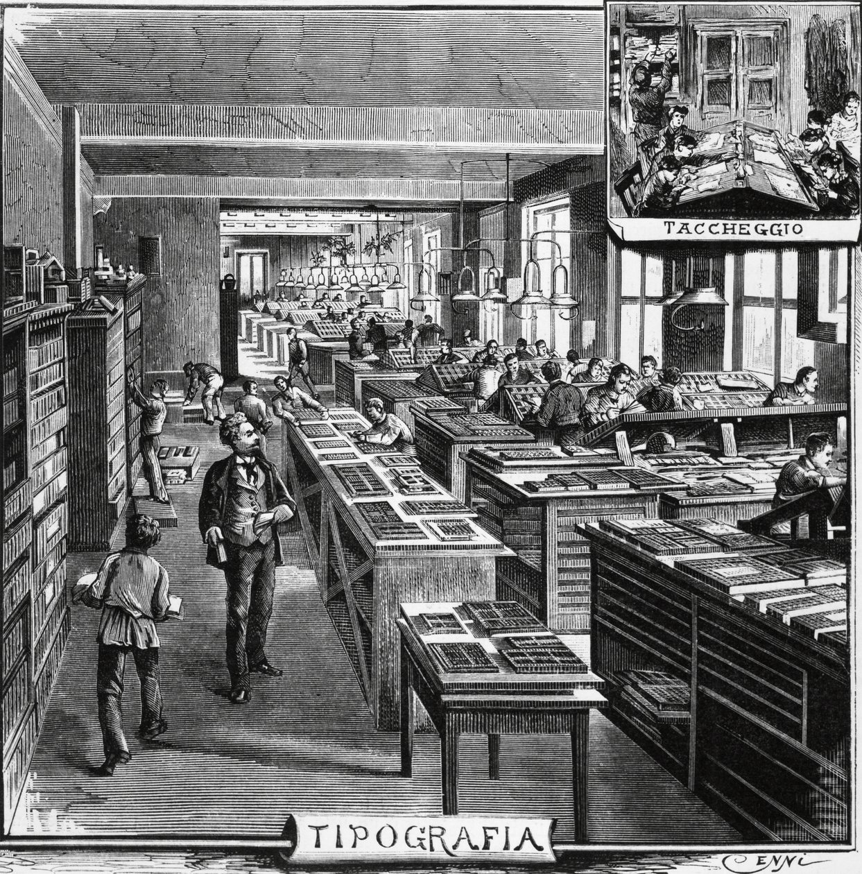 Kantoren van de gebroeders Treves, typografie en overlay, illustratie door Quinto Cenni uit L
