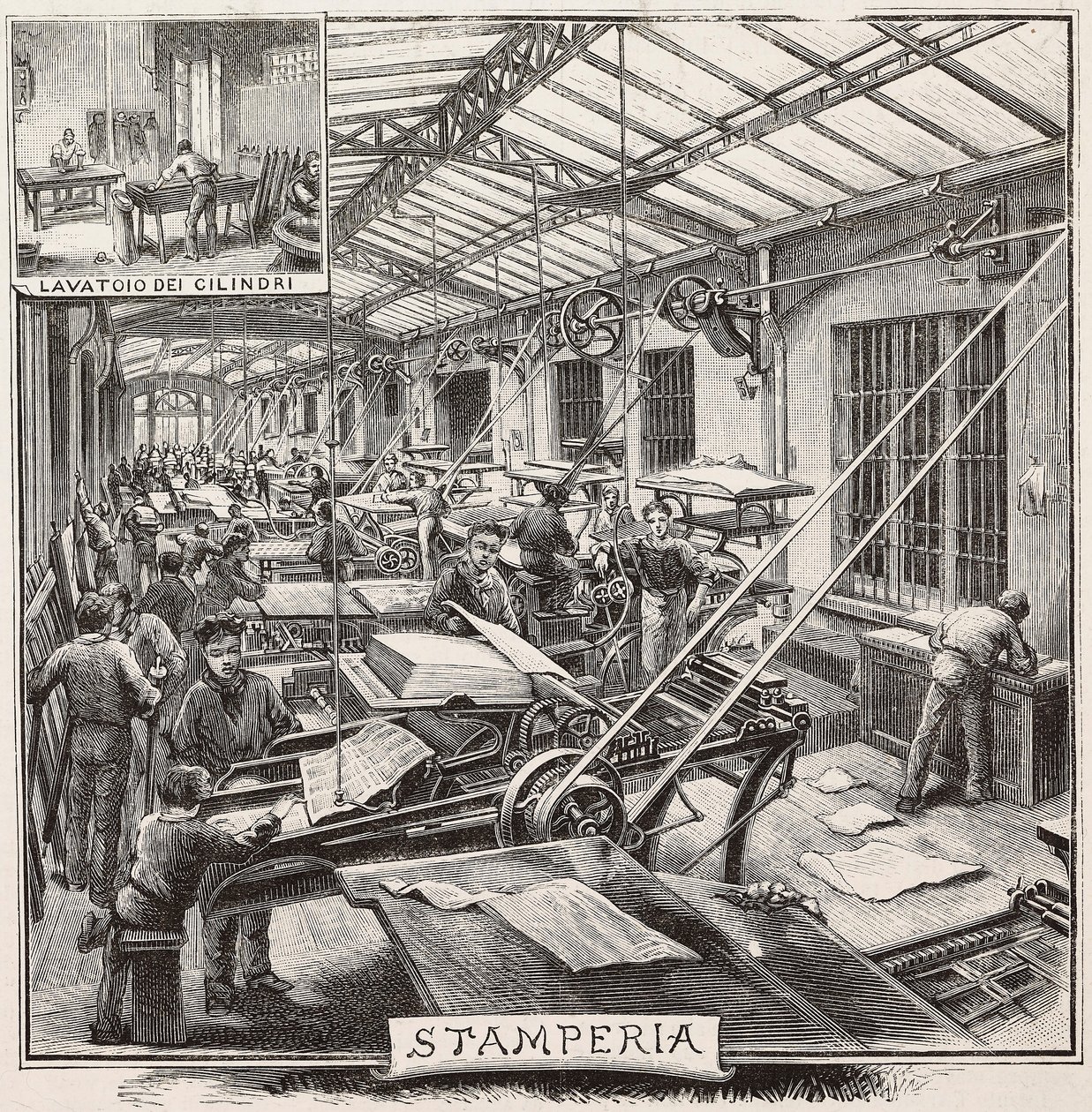 Drukkerij in de Fratelli Treves uitgeverij, Milaan, Italië, gravure naar tekening van Quinto Cenni, uit L