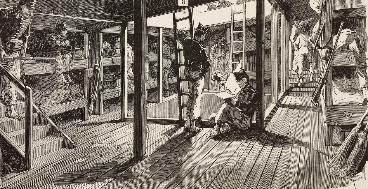 Soldaten onderdeks in slaapzaal, schip Principe Amedeo, Italiaanse expeditie in de Rode Zee door Quinto Cenni