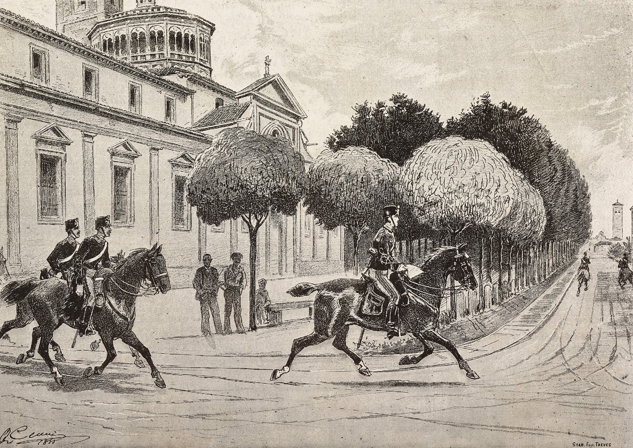 Soldaten te paard passeren voor het Beata Vergine dei Miracoli heiligdom, Saronno, Italië, gravure naar een tekening van Quinto Cenni, uit L