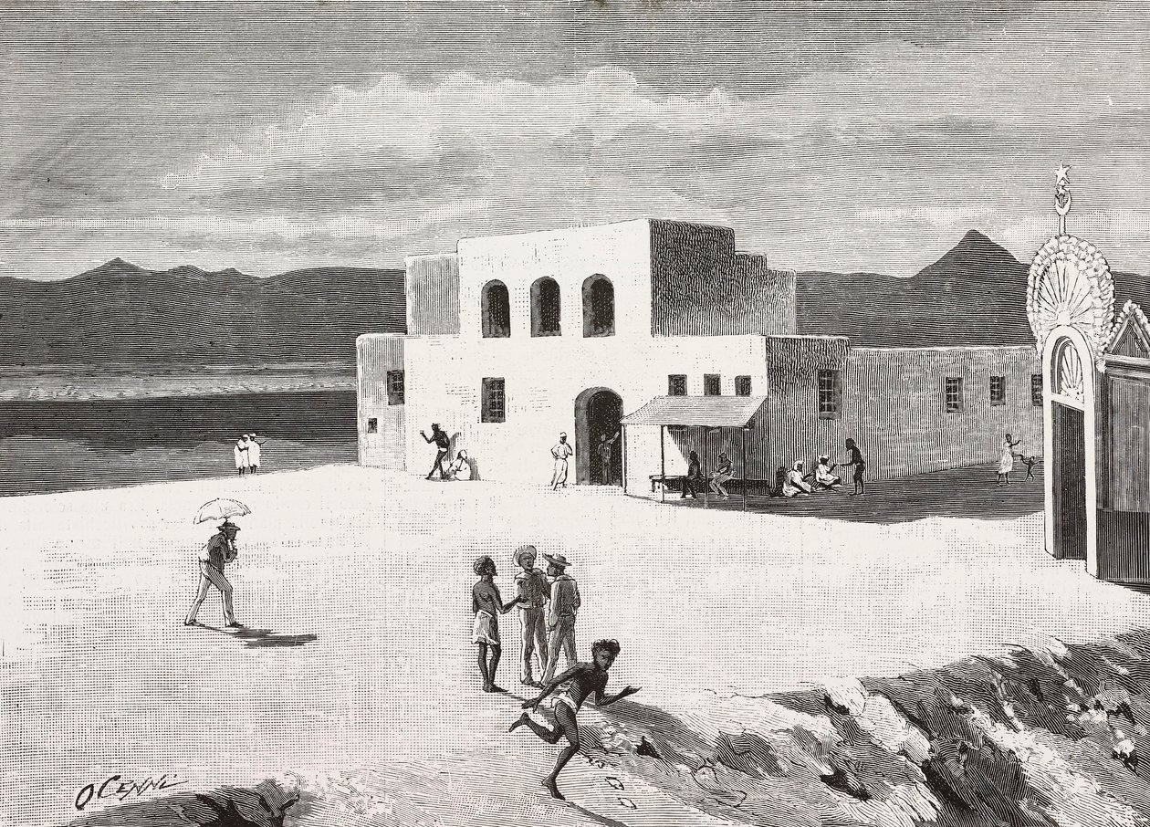 Het gebouw van de Italiaanse Post, Massawa, Eritrea, gravure naar een tekening van Quinto Cenni en een schets van Pieragostini, uit L