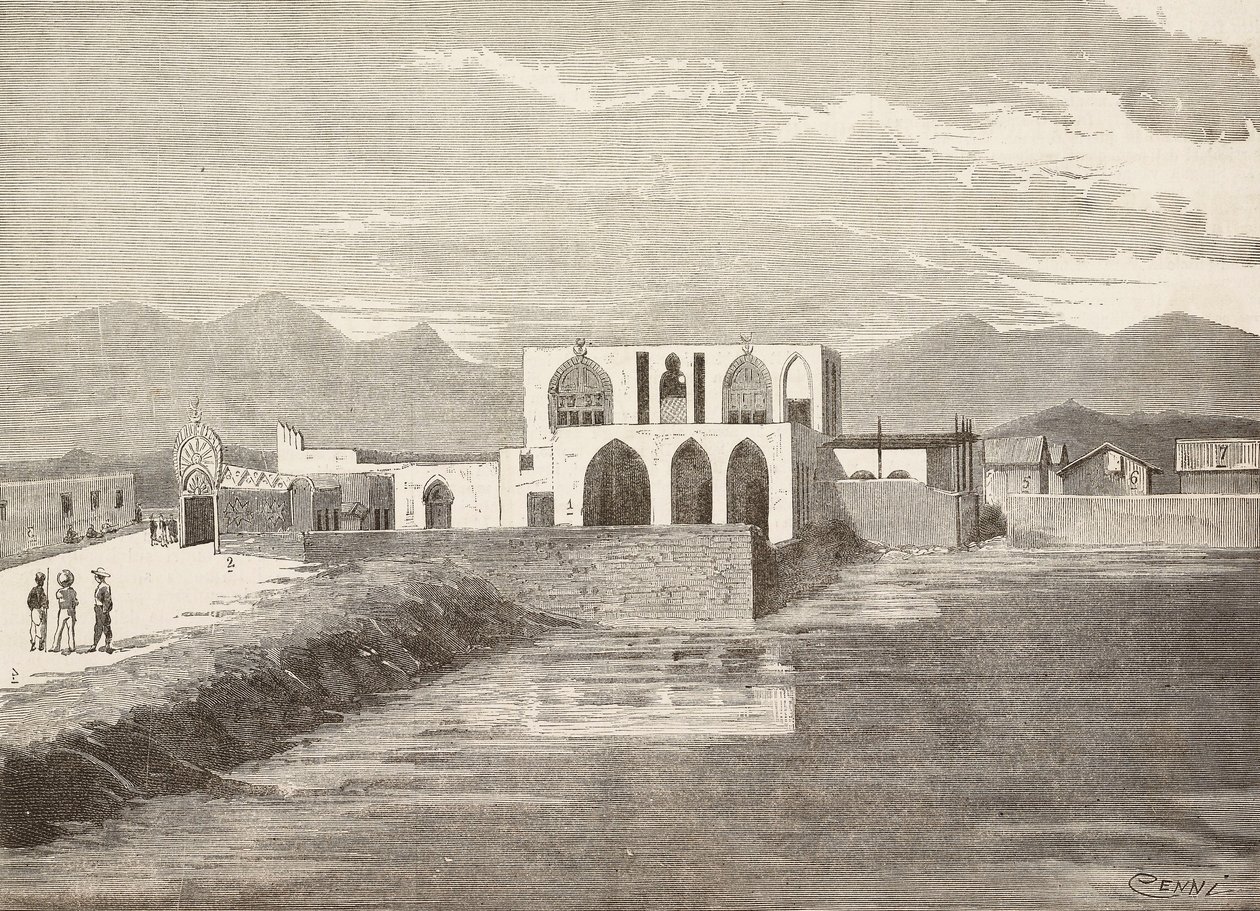 Het paleis van de Italiaanse vice-gouverneur, Massawa, Eritrea, gravure naar tekening van Quinto Cenni en schets van Pieragostini, uit L