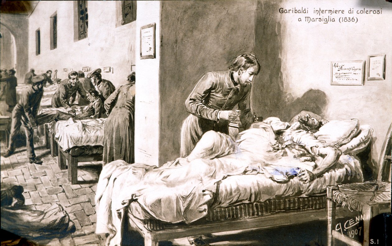 De Italiaanse patriot Giuseppe Garibaldi (1807-1882) als verpleegster, onder de naam Pan-Borel, voor de cholerapatiënten in Marseille in 1836 door Quinto Cenni