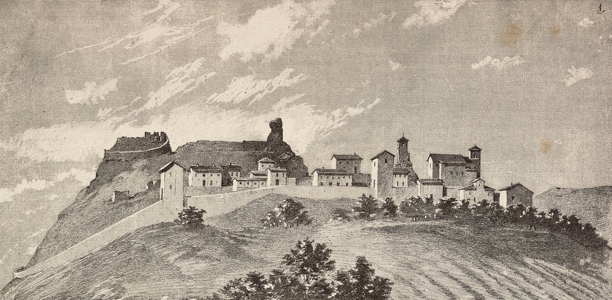 De stad San Giovanni in Galilea, Italië, gravure naar tekening door Quinto Cenni en schets door Ulisse Topi, uit L