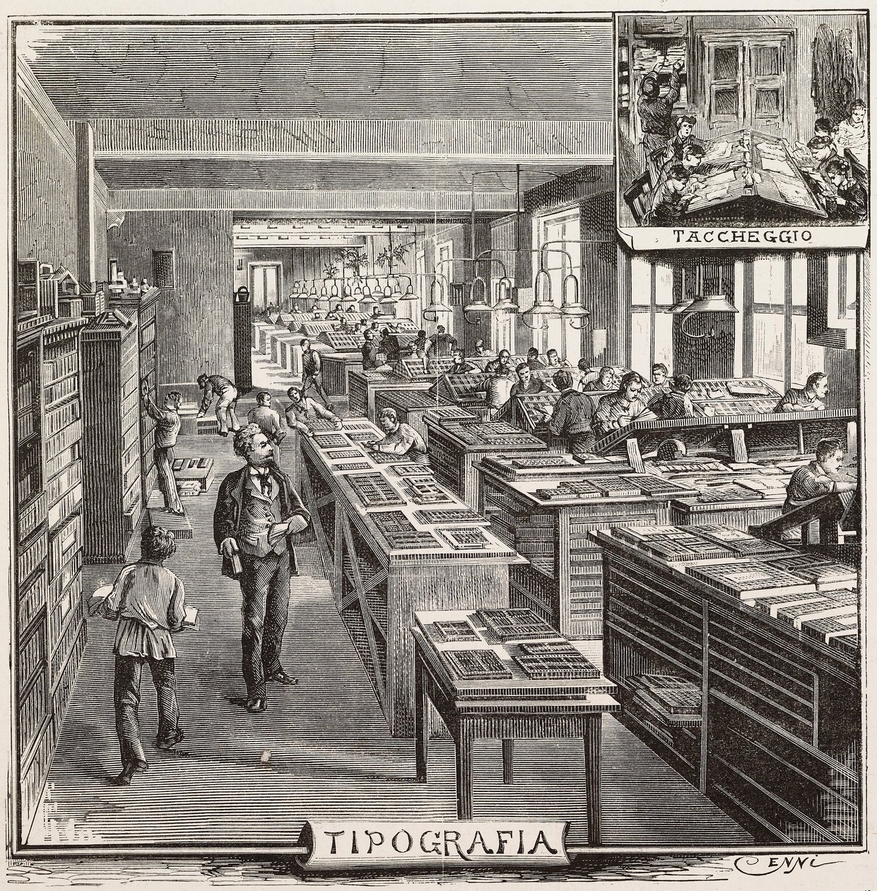 Typografie in Fratelli Treves uitgeverij, Milaan, Italië, gravure naar tekening van Quinto Cenni, uit L