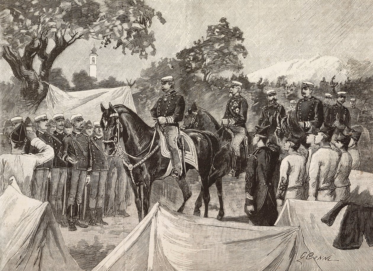 Umberto I (1844-1900), koning van Italië, met enkele officieren, bezoekt militaire kampen, 11 september door Quinto Cenni