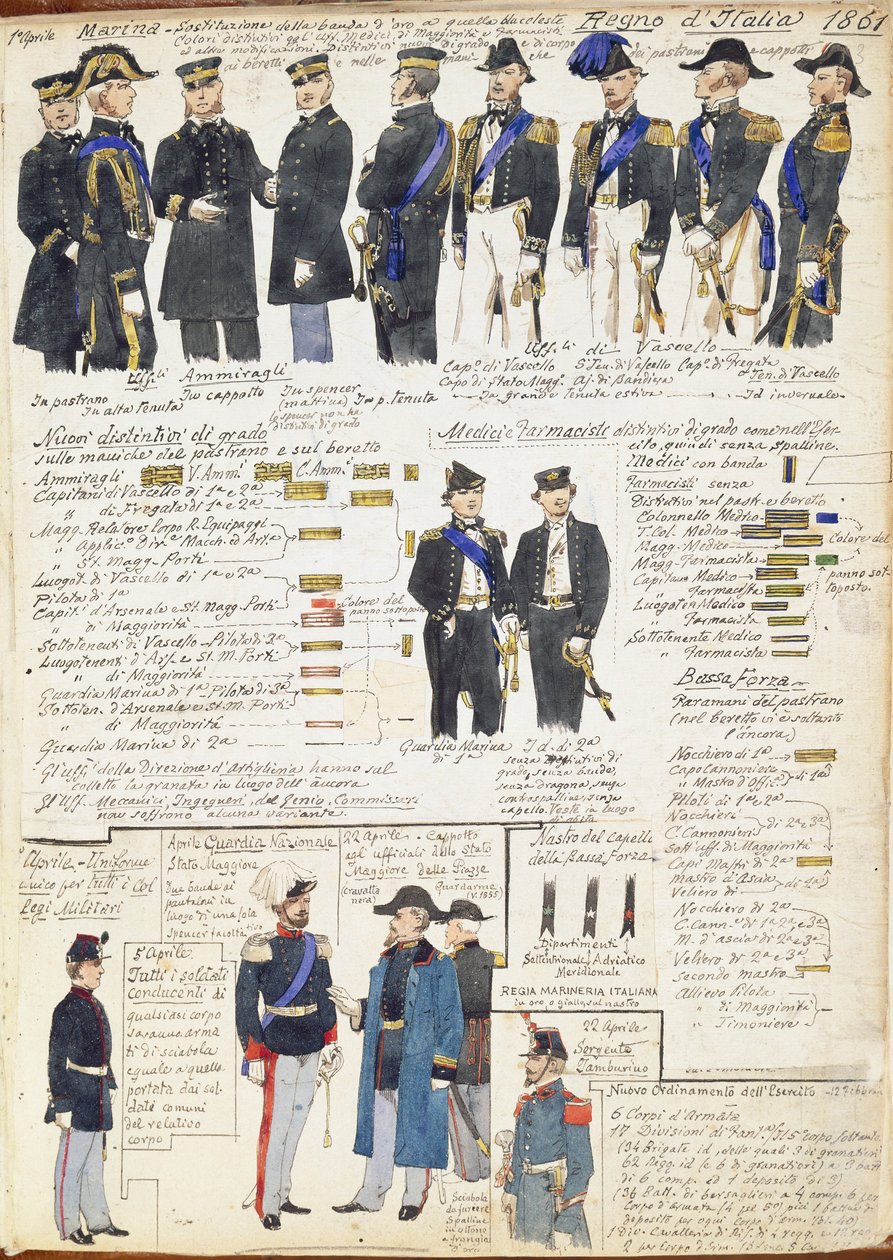 Uniformen en insignes van de marine en van verschillende strijdkrachten van het Koninkrijk Italië door Quinto Cenni, kleurenplaat door Quinto Cenni