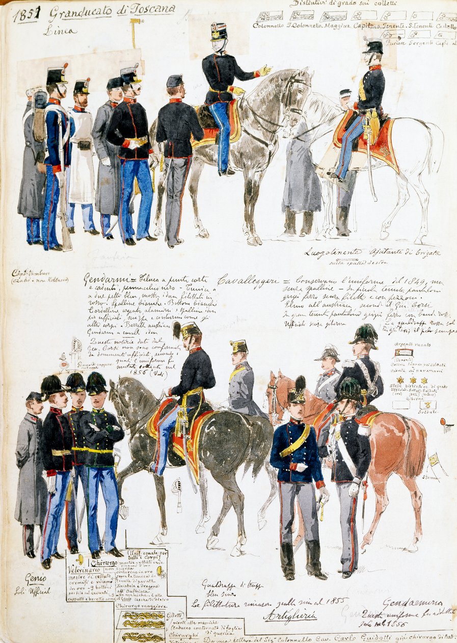 Uniformen van het Groothertogdom Toscane in 1851, plaat uit Cenni codex, verzameling militaire schetsen getekend door Quinto Cenni door Quinto Cenni