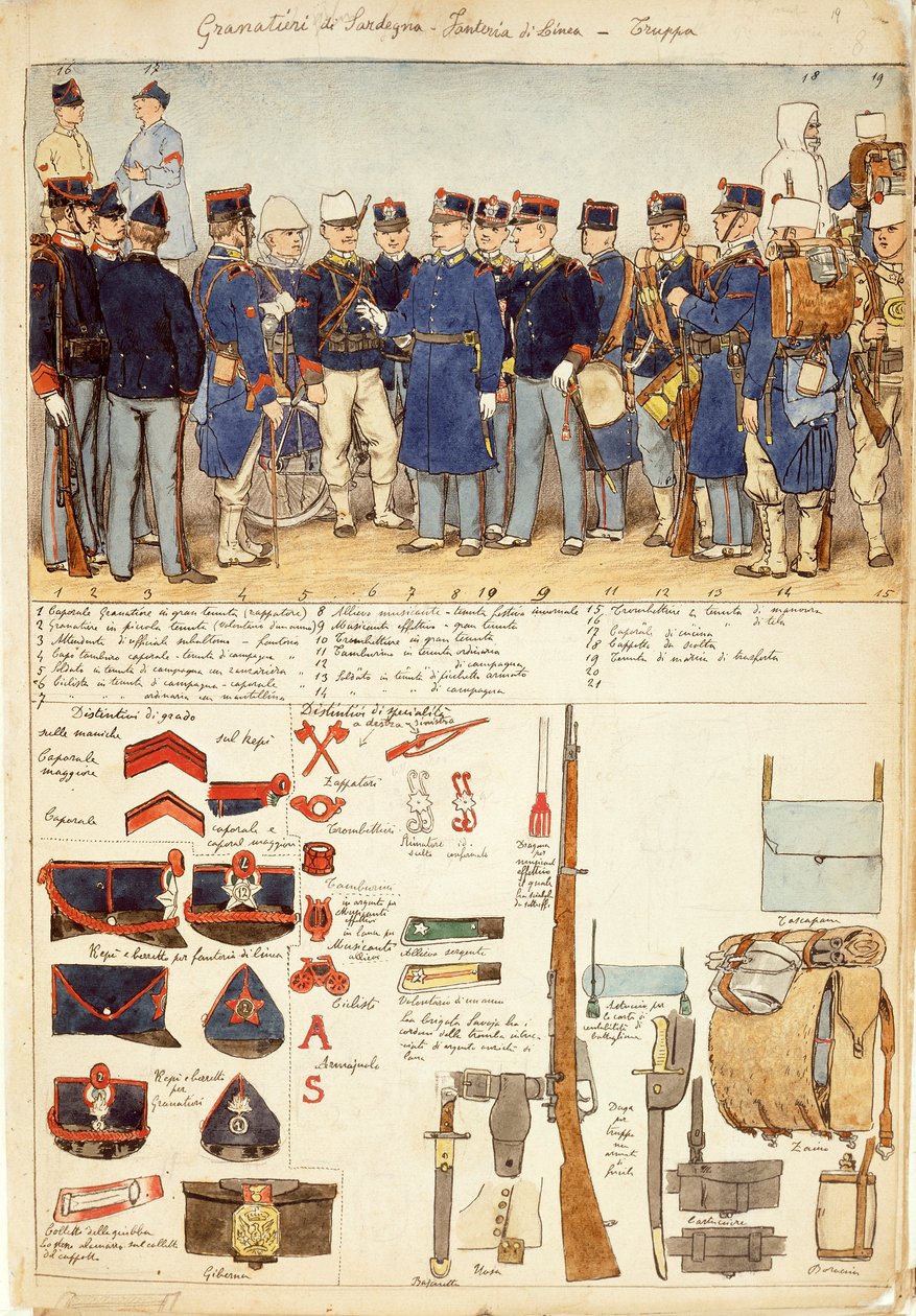 Uniformen van Grenadiers van Sardinië, lijninfanterie, troepen van het Koninkrijk Italië, kleurenplaat door Quinto Cenni door Quinto Cenni