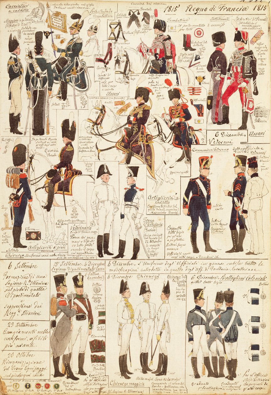 Uniformen van Jagers te paard van het Koninkrijk Frankrijk, door Quinto Cenni, kleurenplaat door Quinto Cenni