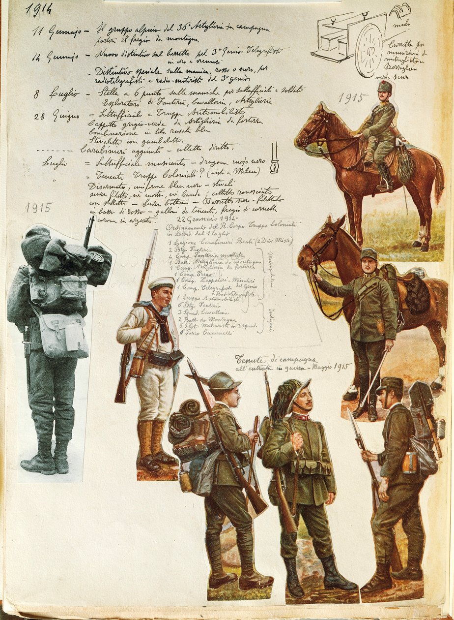 Uniformen van het Italiaanse leger tijdens de Eerste Wereldoorlog, door Quinto Cenni, kleurenplaat door Quinto Cenni