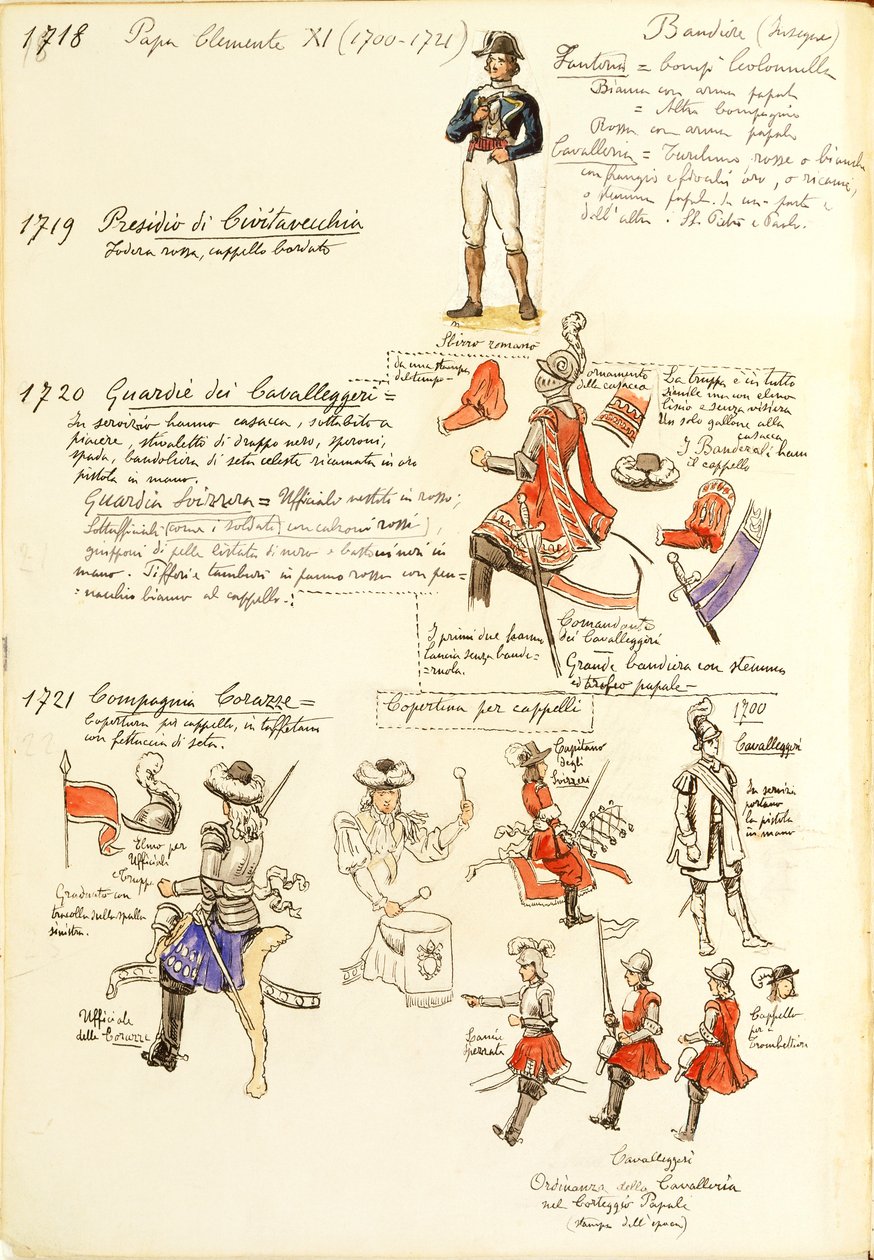 Uniformen van het leger van de Pauselijke Staten ten tijde van paus Clemens XI, kleurenplaat door Quinto Cenni door Quinto Cenni