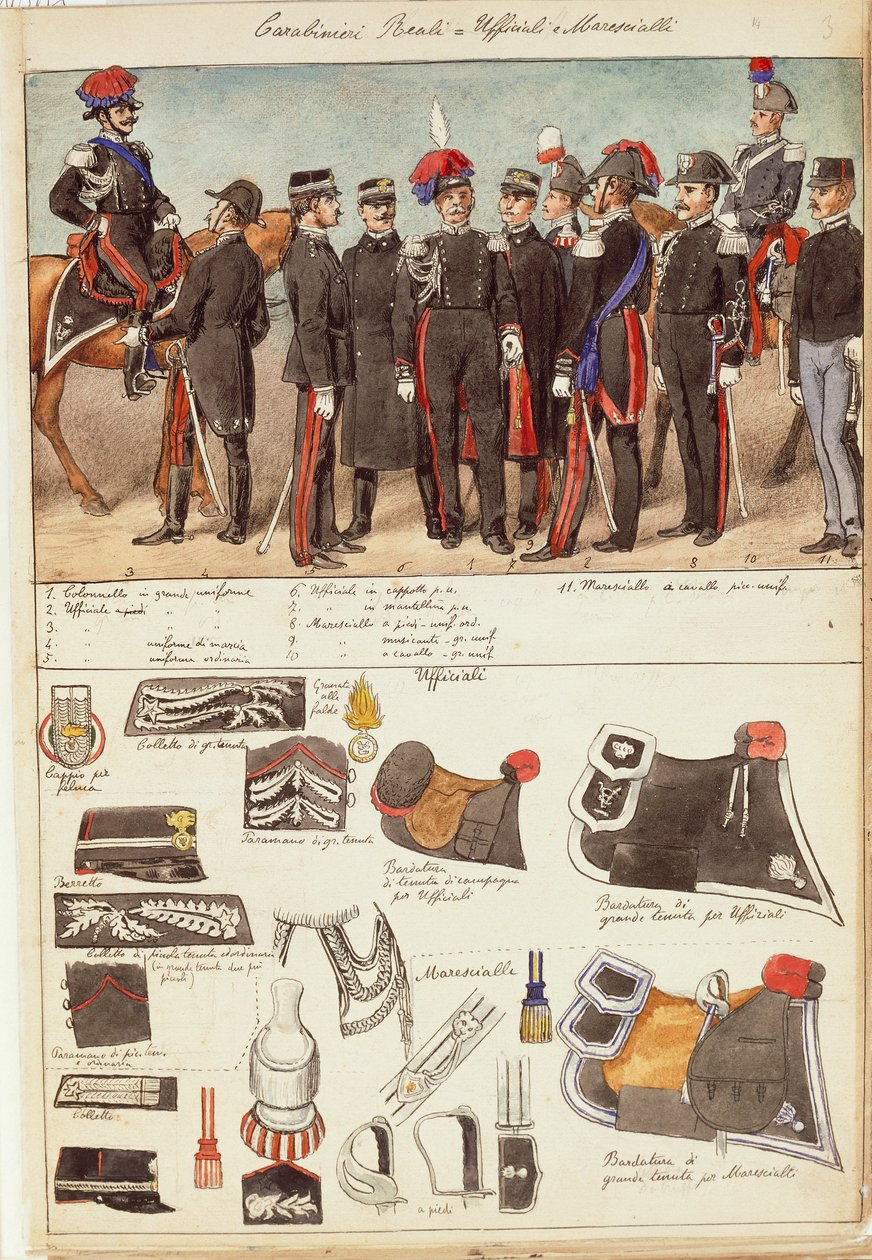 Uniformen van de Koninklijke Carabinieri, officieren en onderofficieren van het Koninkrijk Italië, kleurenplaat door Quinto Cenni door Quinto Cenni