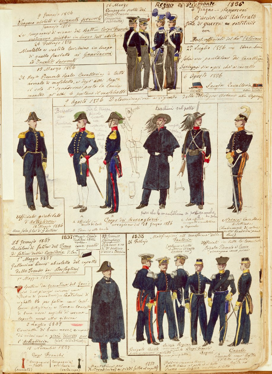 Uniformen van het Piëmontese leger tussen 1836 en 1886. Kleurplaat door Cenni Quinto door Quinto Cenni