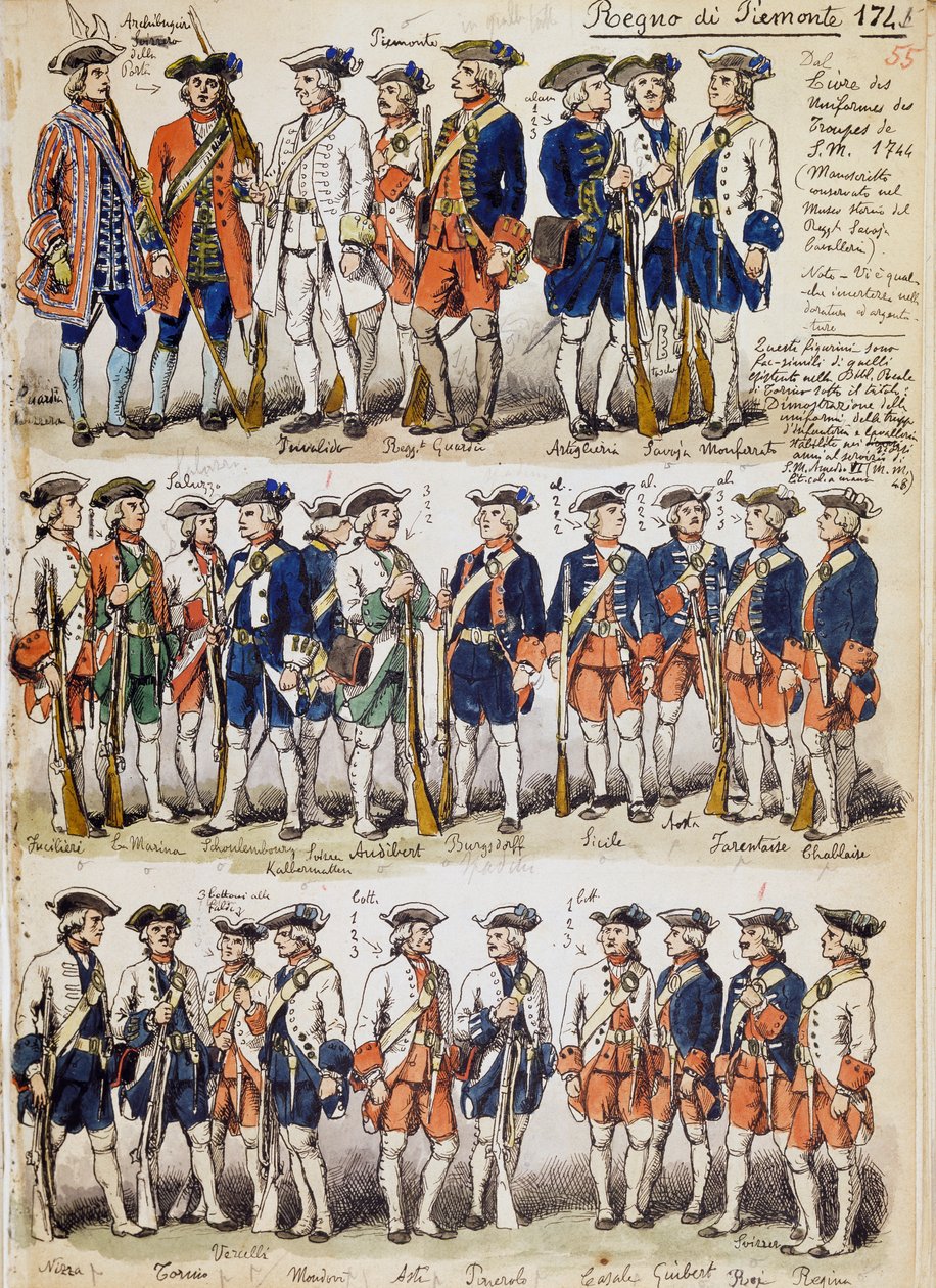 Uniformen van troepen van het Koninkrijk Piëmont in 1744, plaat uit Cenni Codex, collectie militaire schetsen getekend door Quinto Cenni door Quinto Cenni