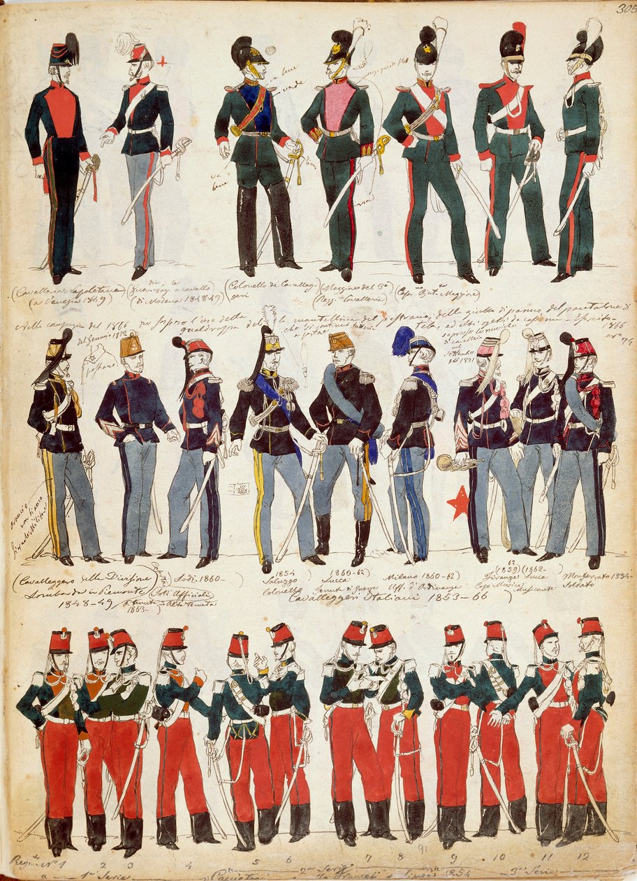 Verschillende Italiaanse uniformen in gebruik rond 1860 door Quinto Cenni, kleurenplaat door Quinto Cenni