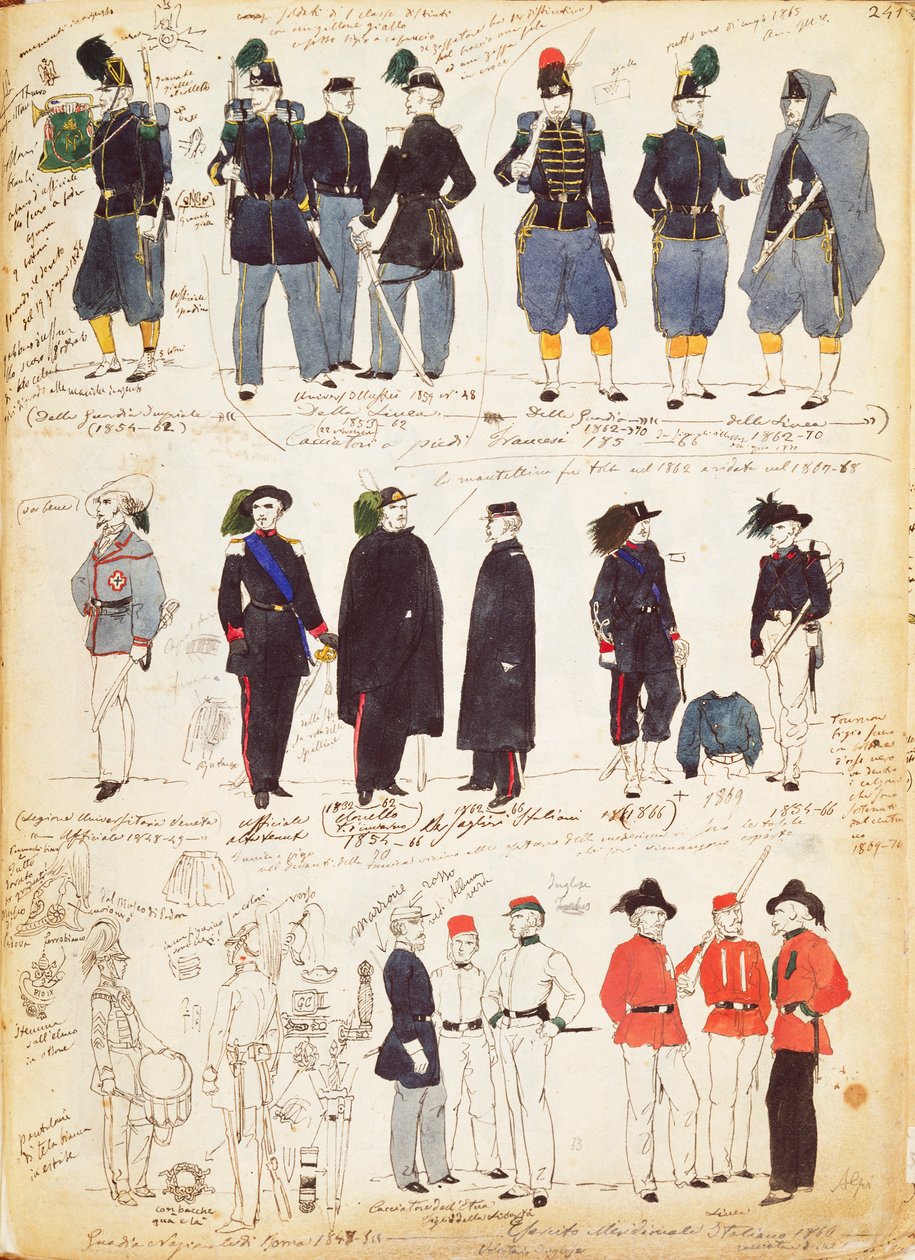 Verschillende Italiaanse uniformen in gebruik tussen 1847 en 1870 door Quinto Cenni, kleurenplaat door Quinto Cenni