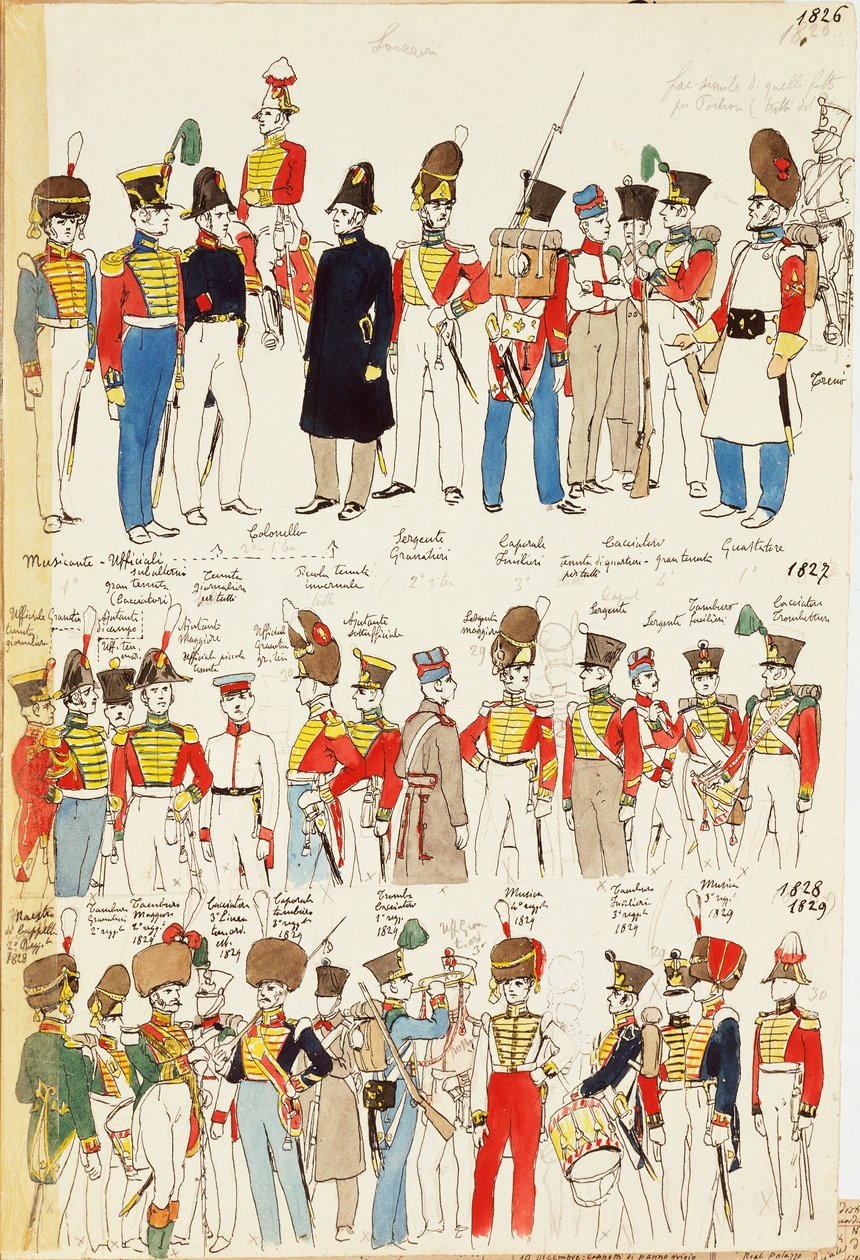 Verschillende uniformen, daterend van 1826 tot 1829. Kleurplaat door Cenni Quinto door Quinto Cenni
