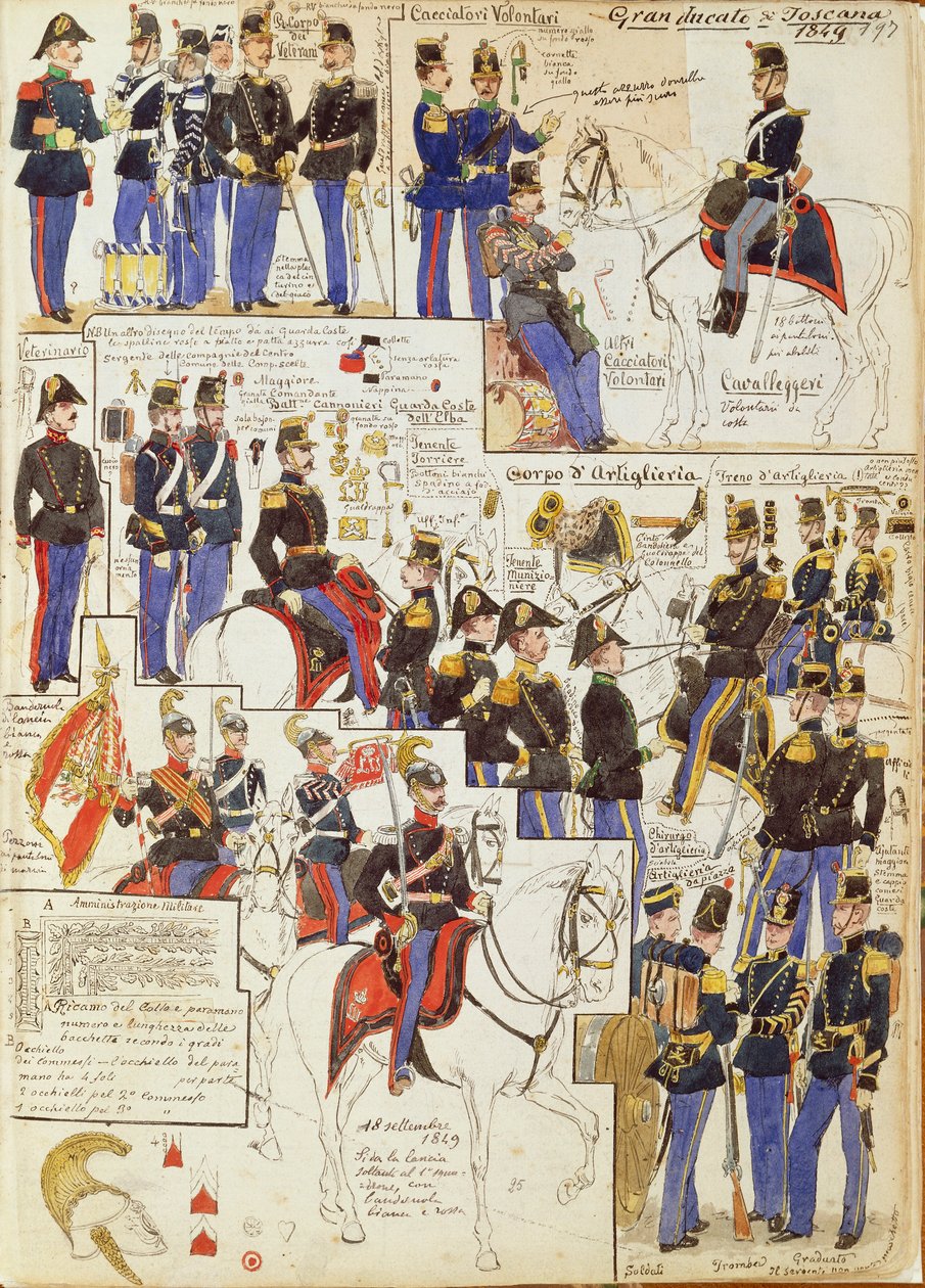 Verschillende uniformen van Groothertogdom Toscane door Quinto Cenni, kleurplaat door Quinto Cenni
