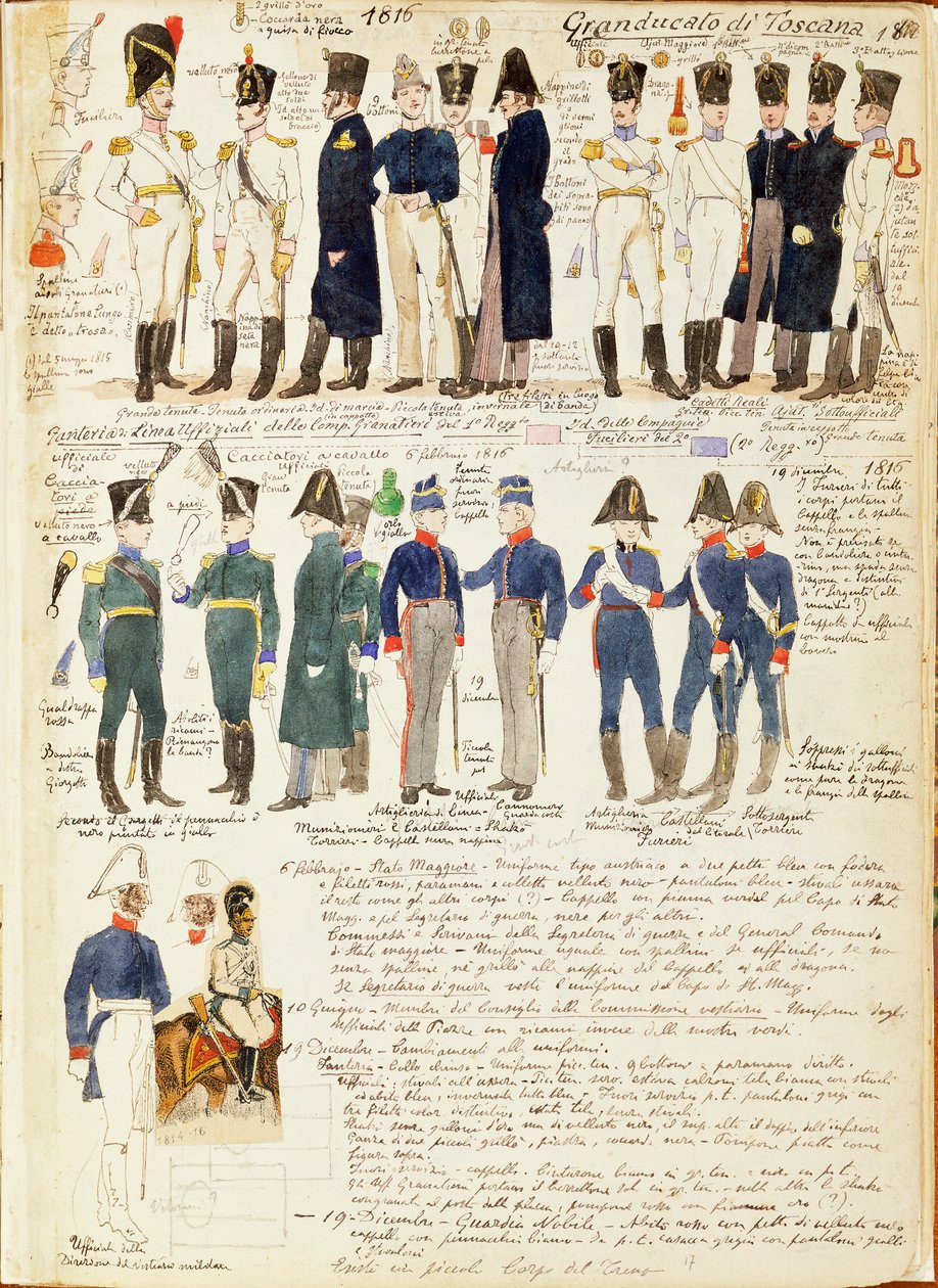 Verschillende uniformen van Groothertogdom Toscane door Quinto Cenni, kleurplaat door Quinto Cenni