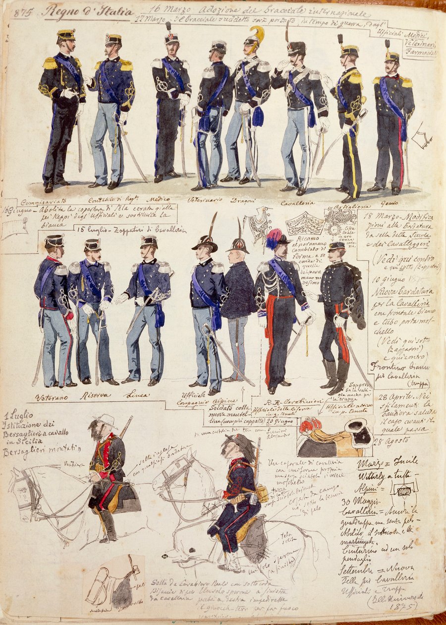Verschillende uniformen van Koninkrijk Italië door Quinto Cenni, kleurplaat door Quinto Cenni