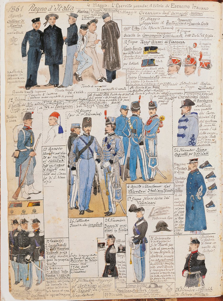 Verschillende uniformen van Koninkrijk Italië door Quinto Cenni, kleurplaat door Quinto Cenni