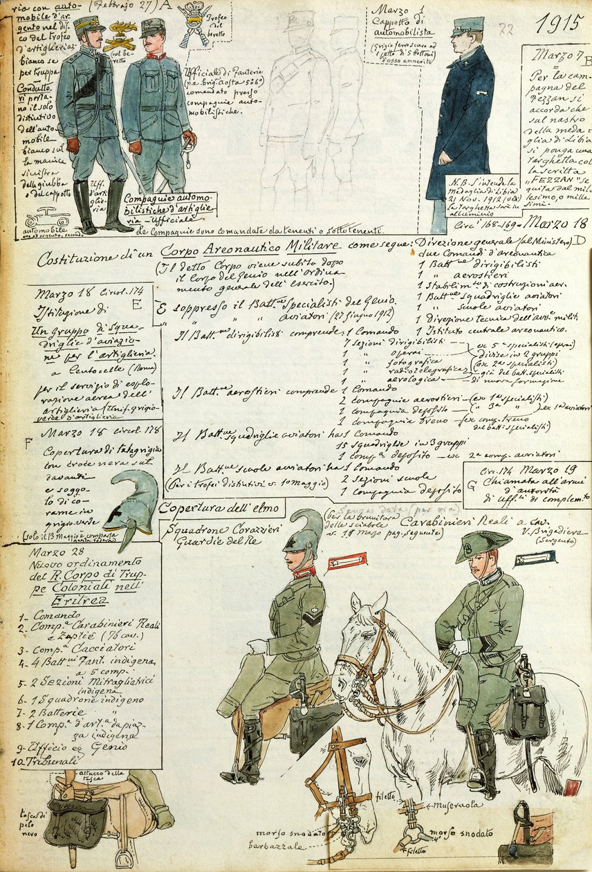 Verschillende uniformen van het Koninkrijk Italië, kleurenplaat door Quinto Cenni door Quinto Cenni