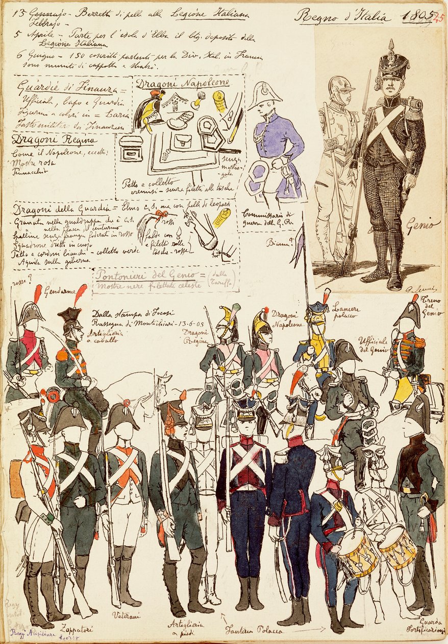 Verschillende uniformen van het Koninkrijk Italië uit 1805. Kleurenplaat door Cenni Quinto door Quinto Cenni