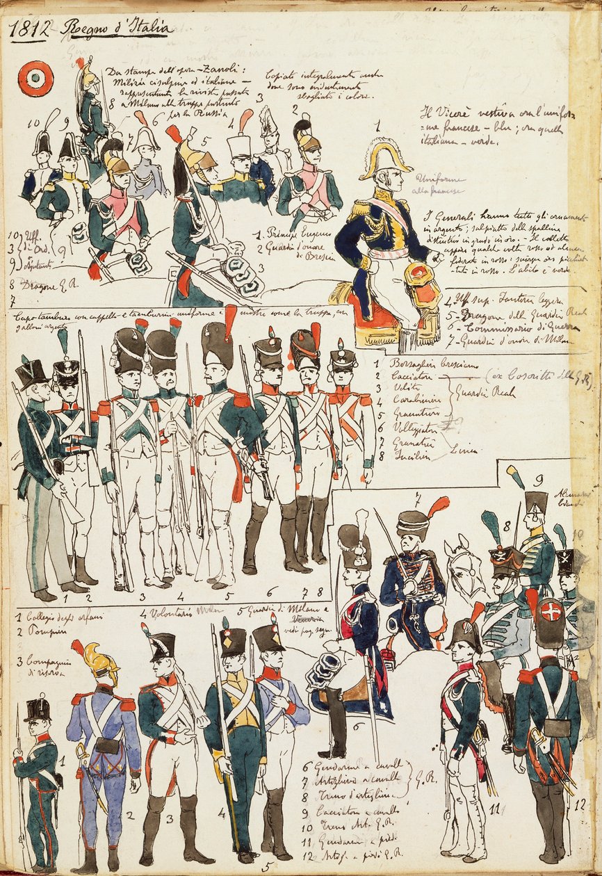 Verschillende uniformen van het Koninkrijk Italië uit 1807. Kleurenplaat door Cenni Quinto door Quinto Cenni