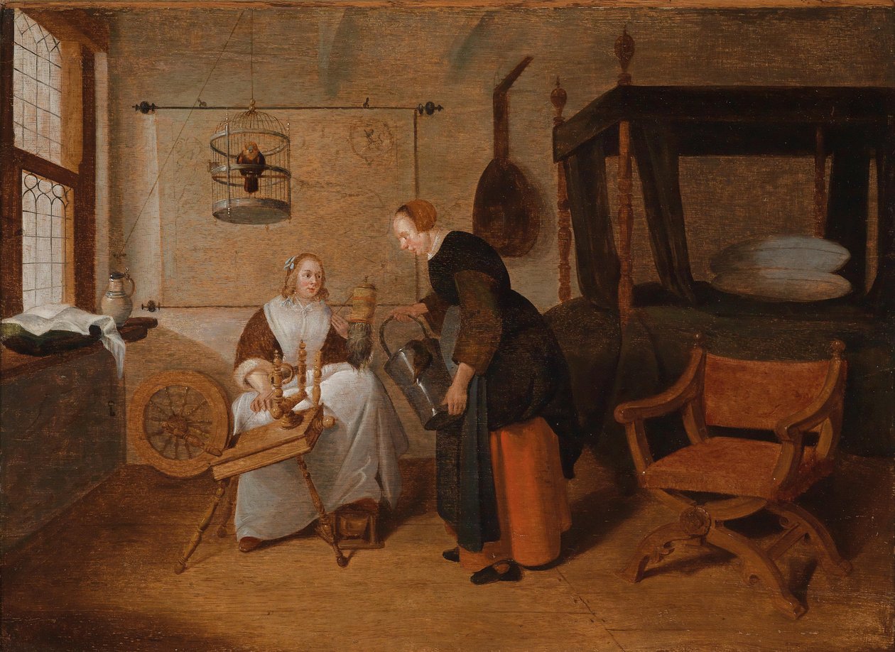 Interieur met een jonge vrouw aan het spinnenwiel en een dienstmeid door Quirijn van Brekelenkam