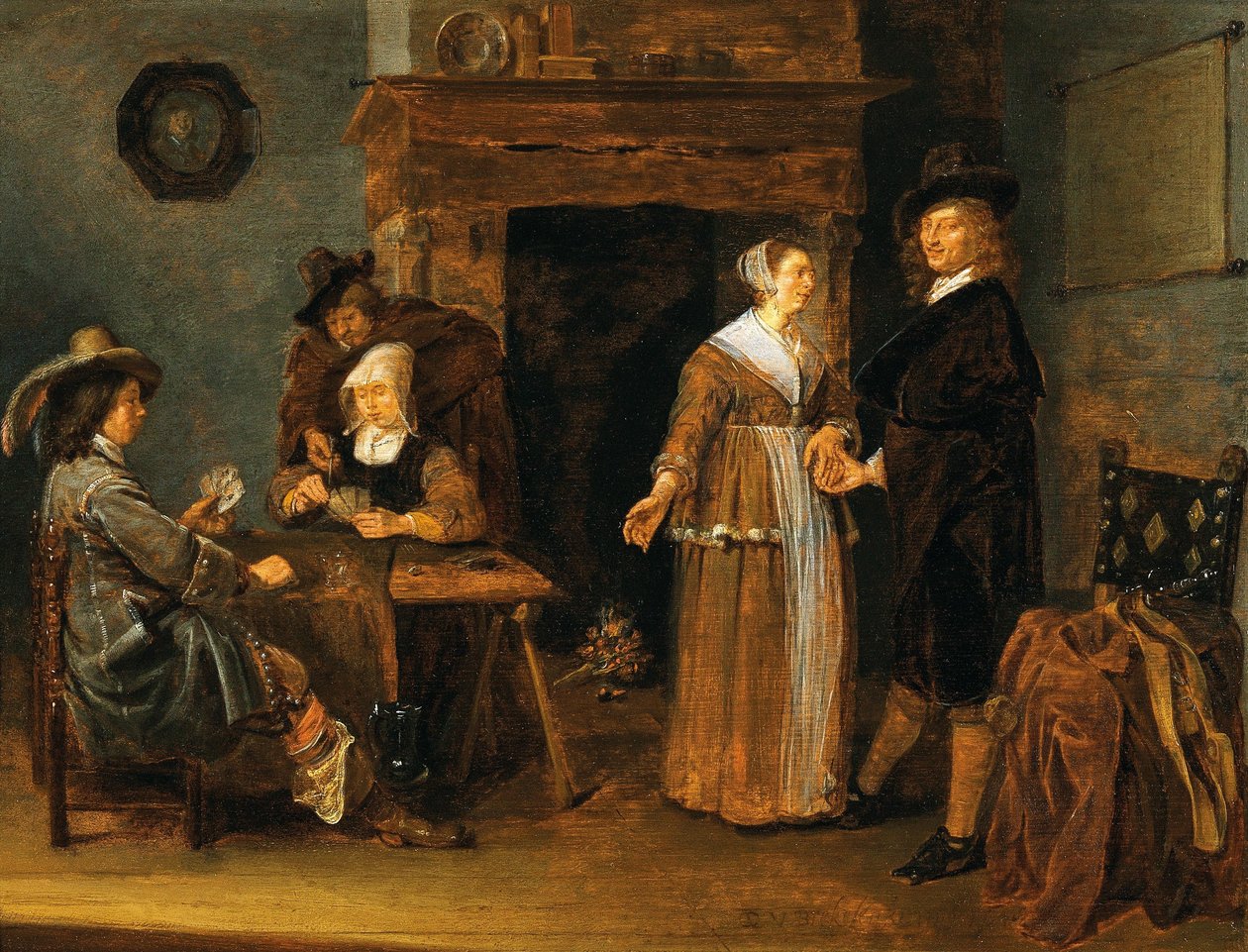 Duits: "Lockere Gesellschaft", twee vrouwen en drie mannen aan de kaarttafel Interieur met kaartspelers door Quirijn van Brekelenkam