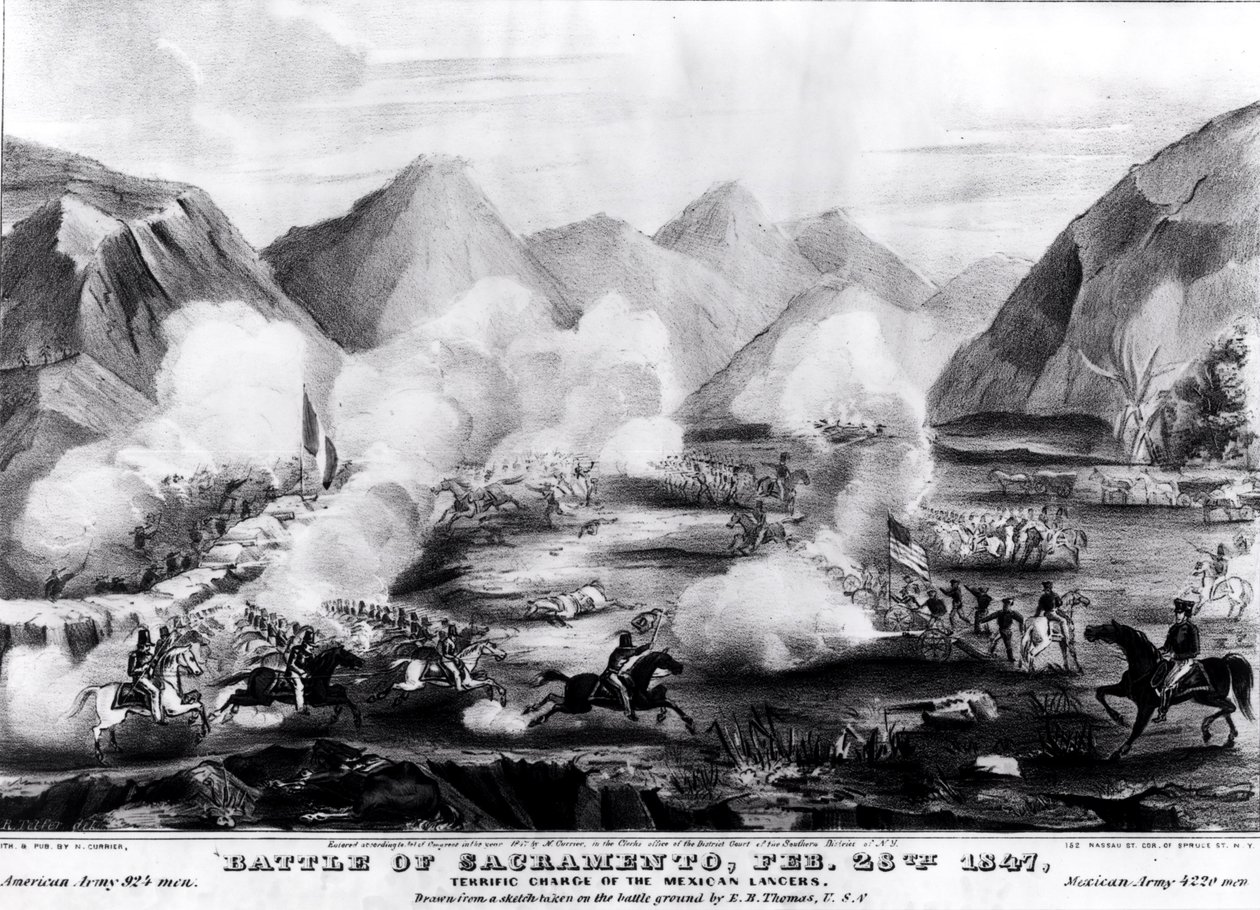 Slag bij Sacramento: Geweldige aanval van de Mexicaanse lansiers, 28 februari 1847, gegraveerd en uitgegeven door Nathanial Currier, 1847 door R. Telfer