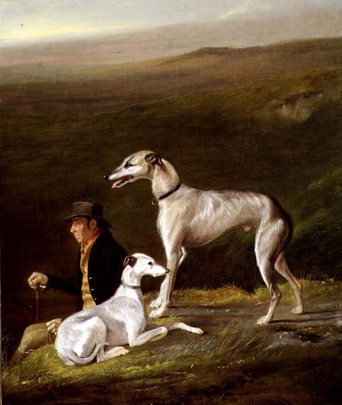 Oude Sandy, trainer van Alexander Graham, met twee windhonden in een Hooglandlandschap door R.G. Brown
