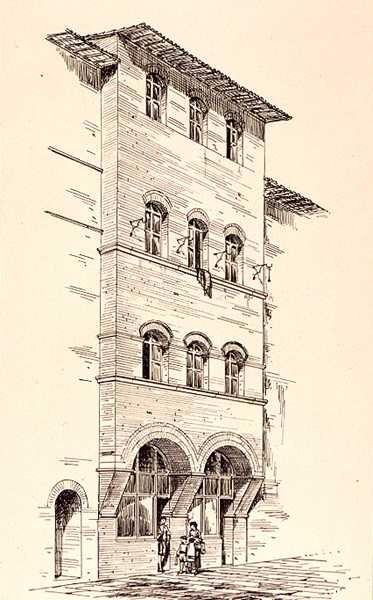 Uitzicht op een bakstenen huis, Montepulciano, Italië, uit 