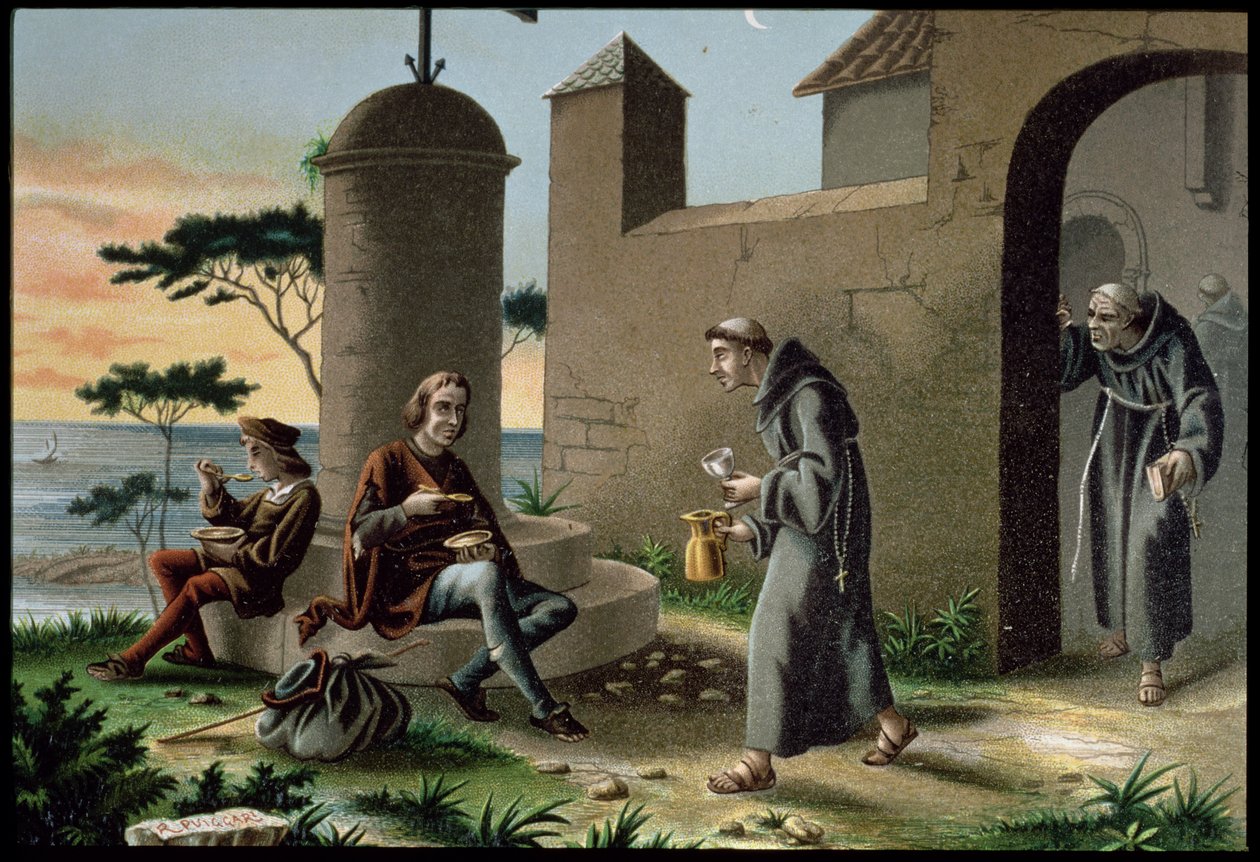 De aankomst van Christoffel Columbus met zijn zoon in het klooster van La Rabida door R. Puiggari