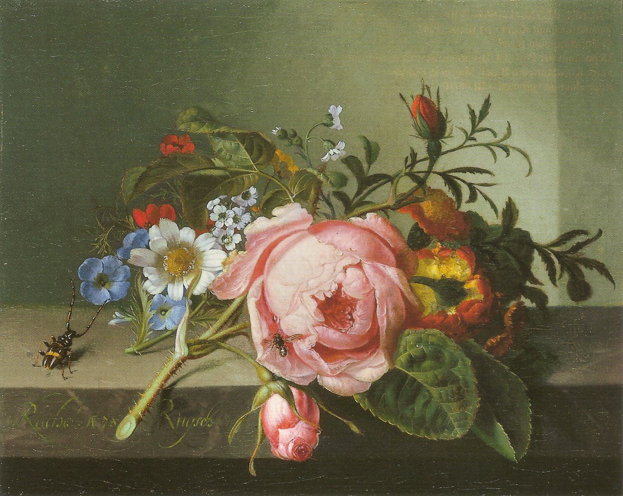Rozenstruik met kever en bij door Rachel Ruysch