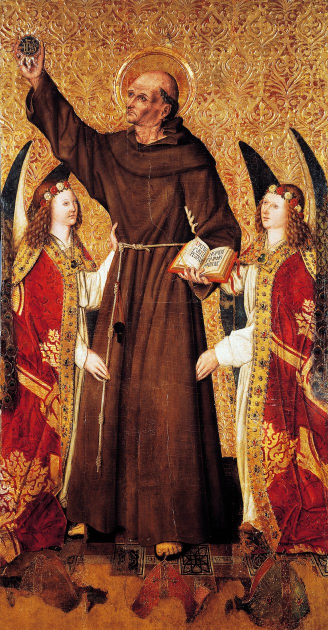 St. Bernardus en engelen, centraal paneel van St. Bernardus altaarstuk door Rafael Tomas (actief 1455-1479), predella door Joan Figuera (actief vanaf 1454-gestorven 1477 of 1479), tempera op paneel, 398,9x253 cm door Rafael & Figuera Joan (active c.1454 1477) Tomas