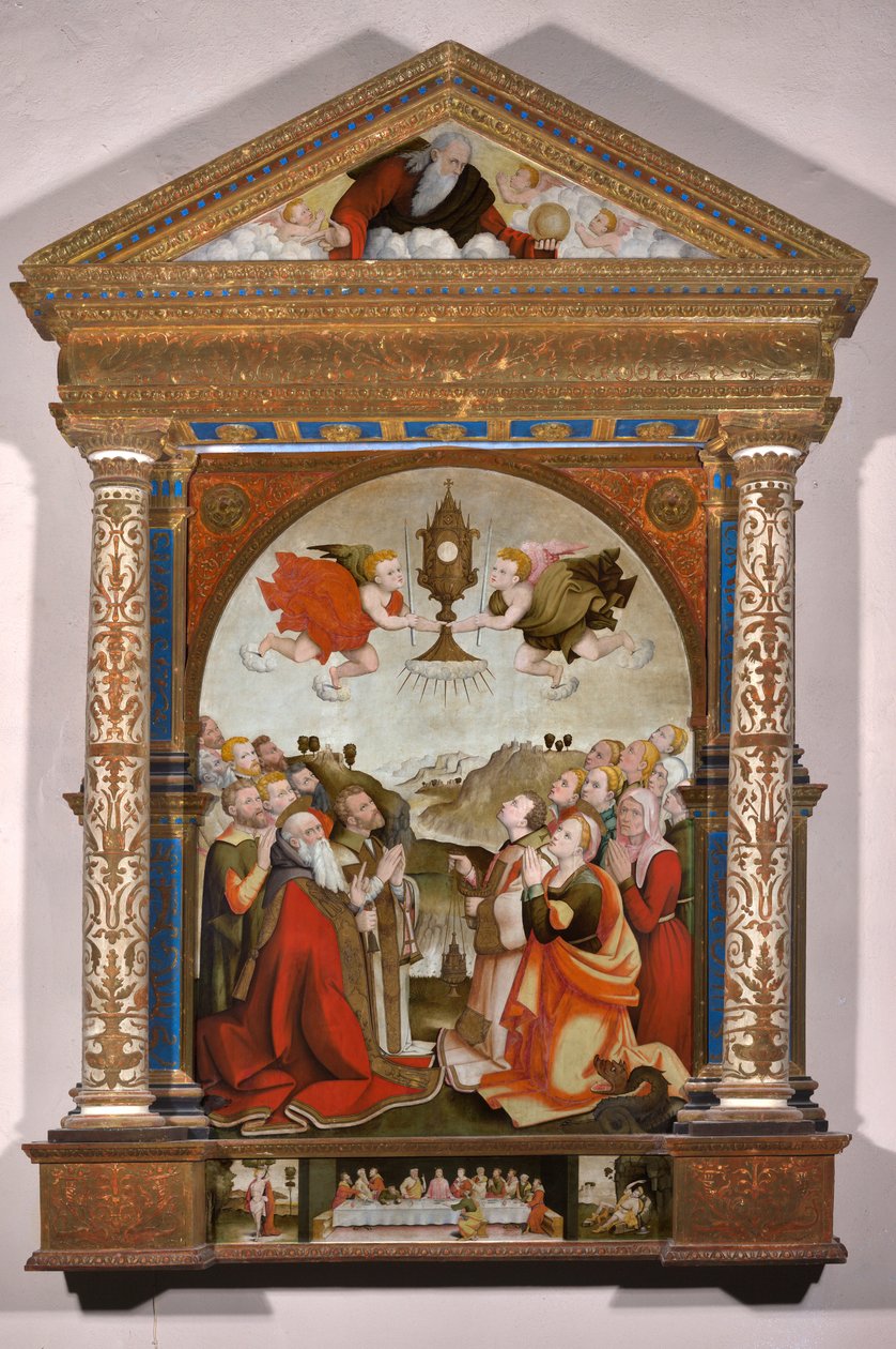 Altaarstuk van de Aanbidding van het Heilig Sacrament, in de predella: Het Laatste Avondmaal, Sint Sebastiaan en Sint Rochus door Raffaele De (fl.1514 1573) Pancalino