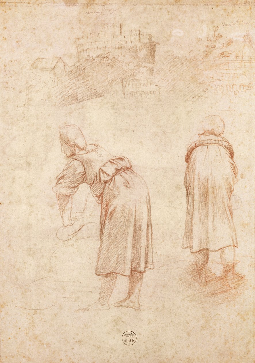 Wasvrouwen aan de Oever van de Tiber en Studies van het Kasteel Saint-Ange door Raffaello Sanzio Raphael