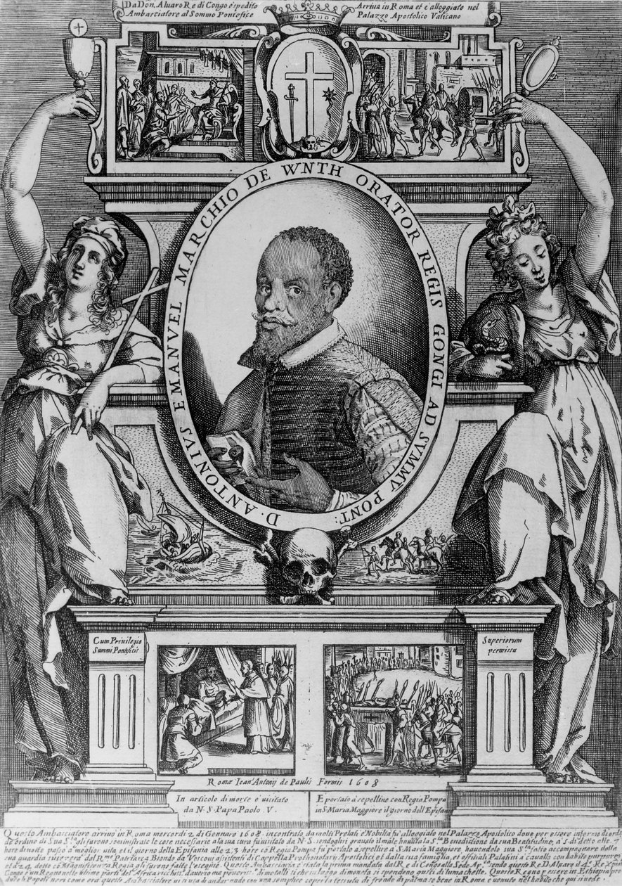 Portret van ambassadeur Antonius Emanuel, met vier historische scènes uit zijn leven, 1608 door Raffaello Schiaminossi